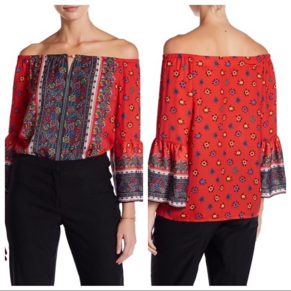 Nanette Lepore Floral Off the Shoulder Blouse Red Top Women’s Sz Medium NEW